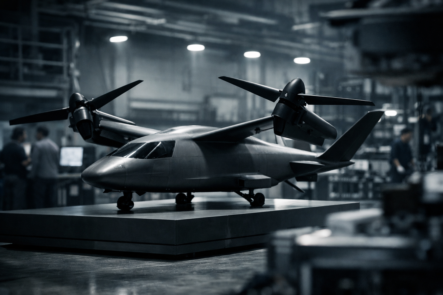 a sleek unmanned tiltrotor aircraft concept model displayed on a low pedestal in an aircraft design facility, rotors tilted forward, no markings visible