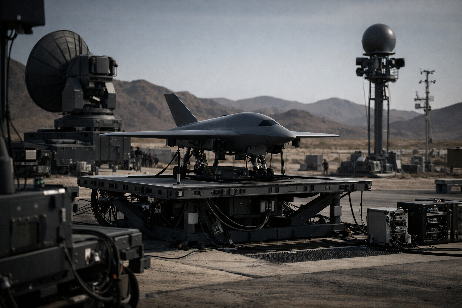 an anechoic or open-air drone test facility with ground support equipment and sensor arrays visible, no personnel in foreground, arid terrain in the background