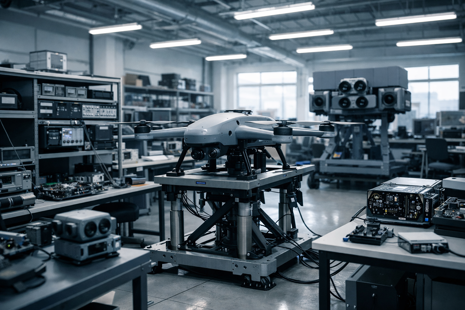 a modern drone autonomy hardware testing lab with racks of electronic components and sensor arrays on workbenches, no people as focal point