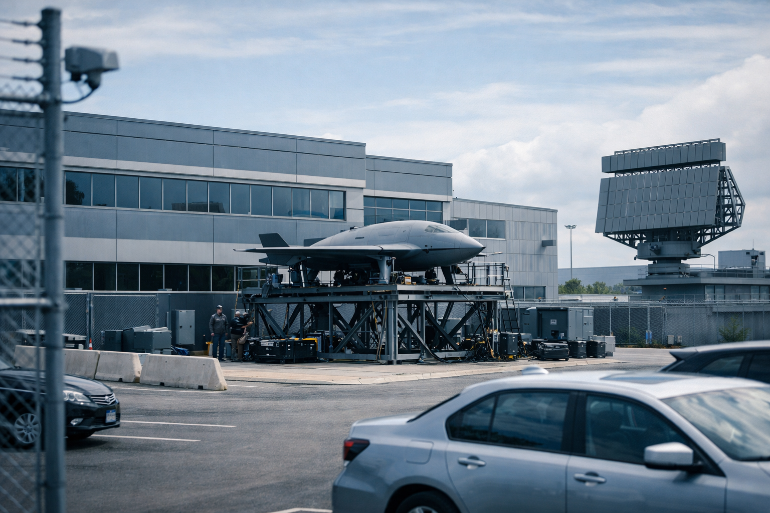 an exterior view of a mid-sized defense technology company office building with a secure perimeter fence and parking area, no identifiable signage or faces
