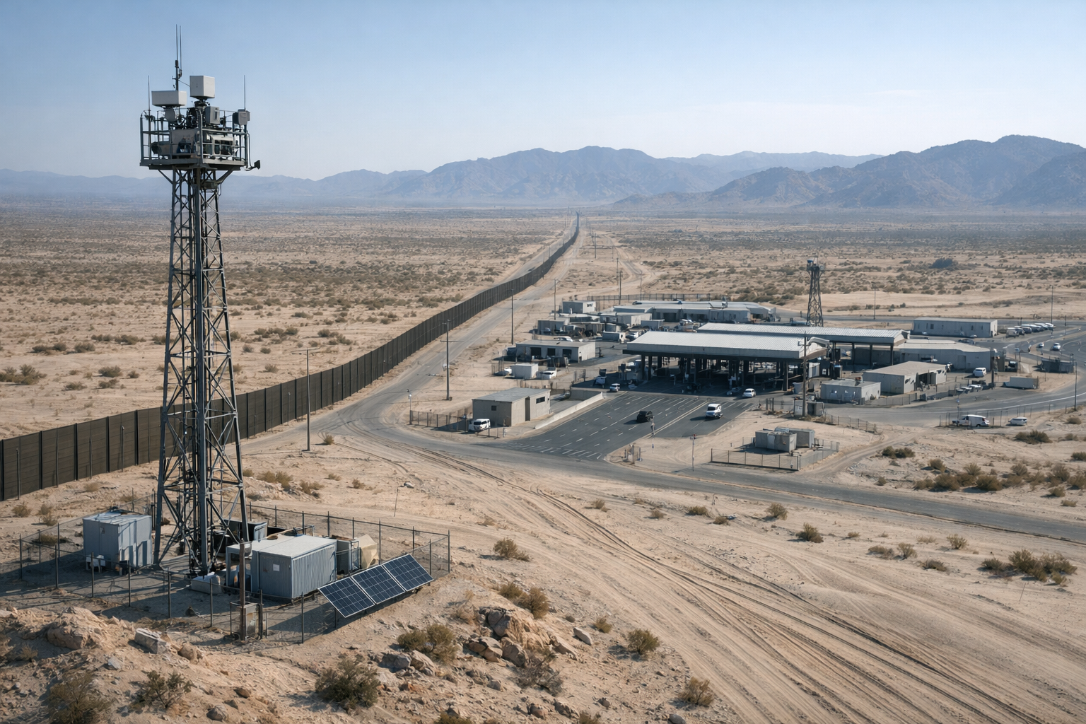 a wide-angle aerial view of a remote desert border terrain with sensor tower infrastructure and vehicle tracks visible below, no people in frame