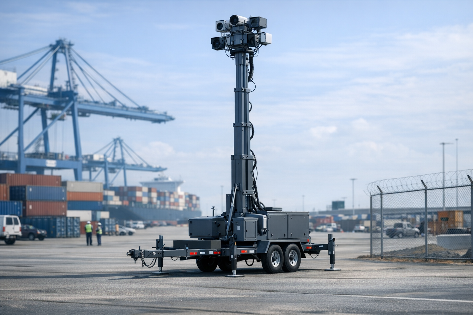 a mobile surveillance tower unit mounted on a trailer in an open arid landscape, with sensor and camera arrays visible at the top, no people as focal point