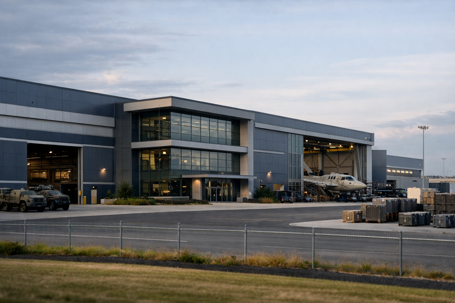 exterior facade of a large modern defense manufacturing facility with company signage, wide establishing shot, no people in foreground