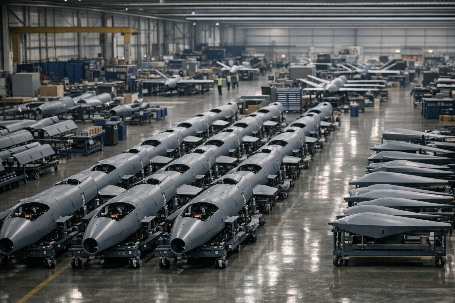 rows of unmanned aerial vehicle components in an industrial assembly facility, viewed from an elevated angle, no workers in foreground