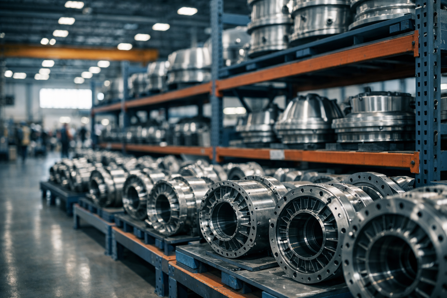 rows of machined metal aerospace components staged on industrial shelving inside a domestic defense manufacturing facility, wide environmental shot