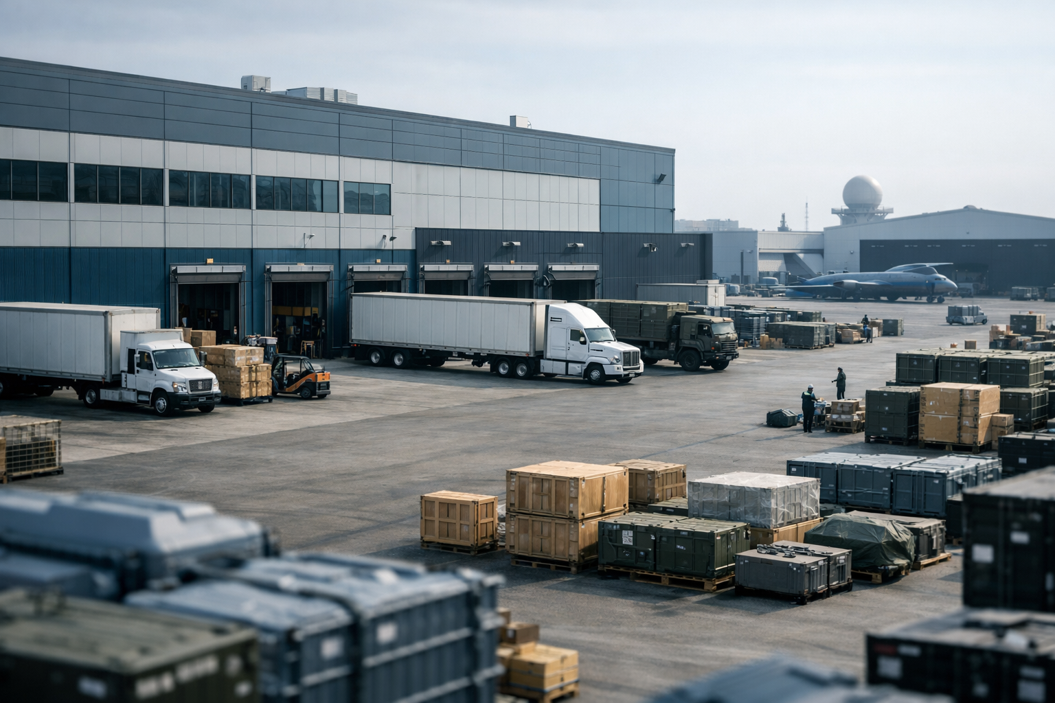 exterior of a large defense electronics manufacturing plant, with loading docks and supply trucks visible in a wide industrial yard shot