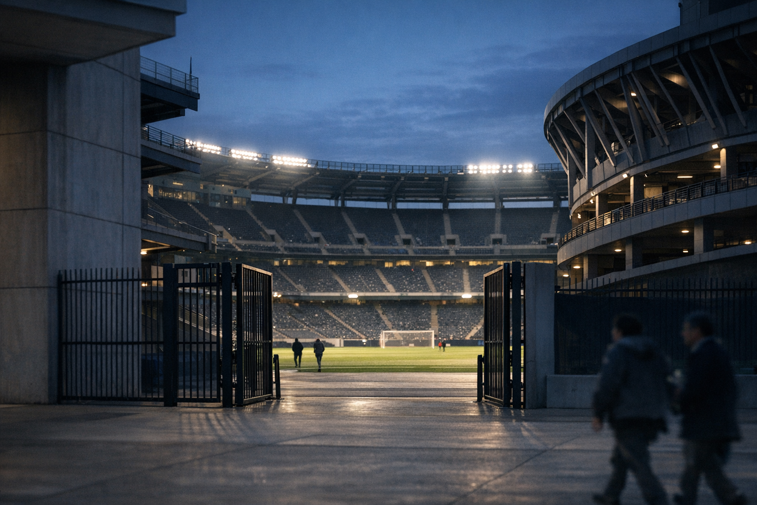exterior of a large modern football stadium at dusk, with floodlights illuminating an empty pitch visible through open gates