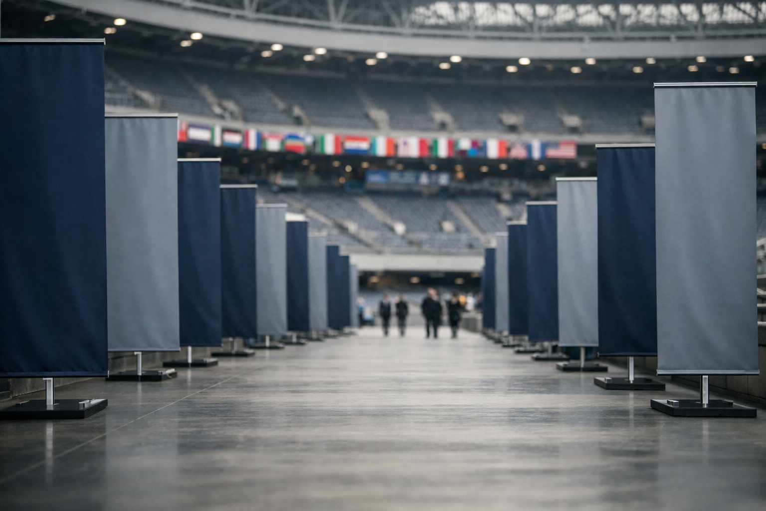 rows of empty corporate sponsor banners lining the concourse of a large international stadium, viewed from ground level