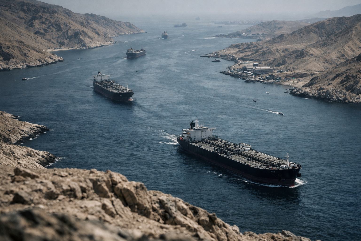 an aerial view of oil tankers transiting a narrow strait surrounded by arid coastline, taken from a reconnaissance-style perspective with no text or faces visible