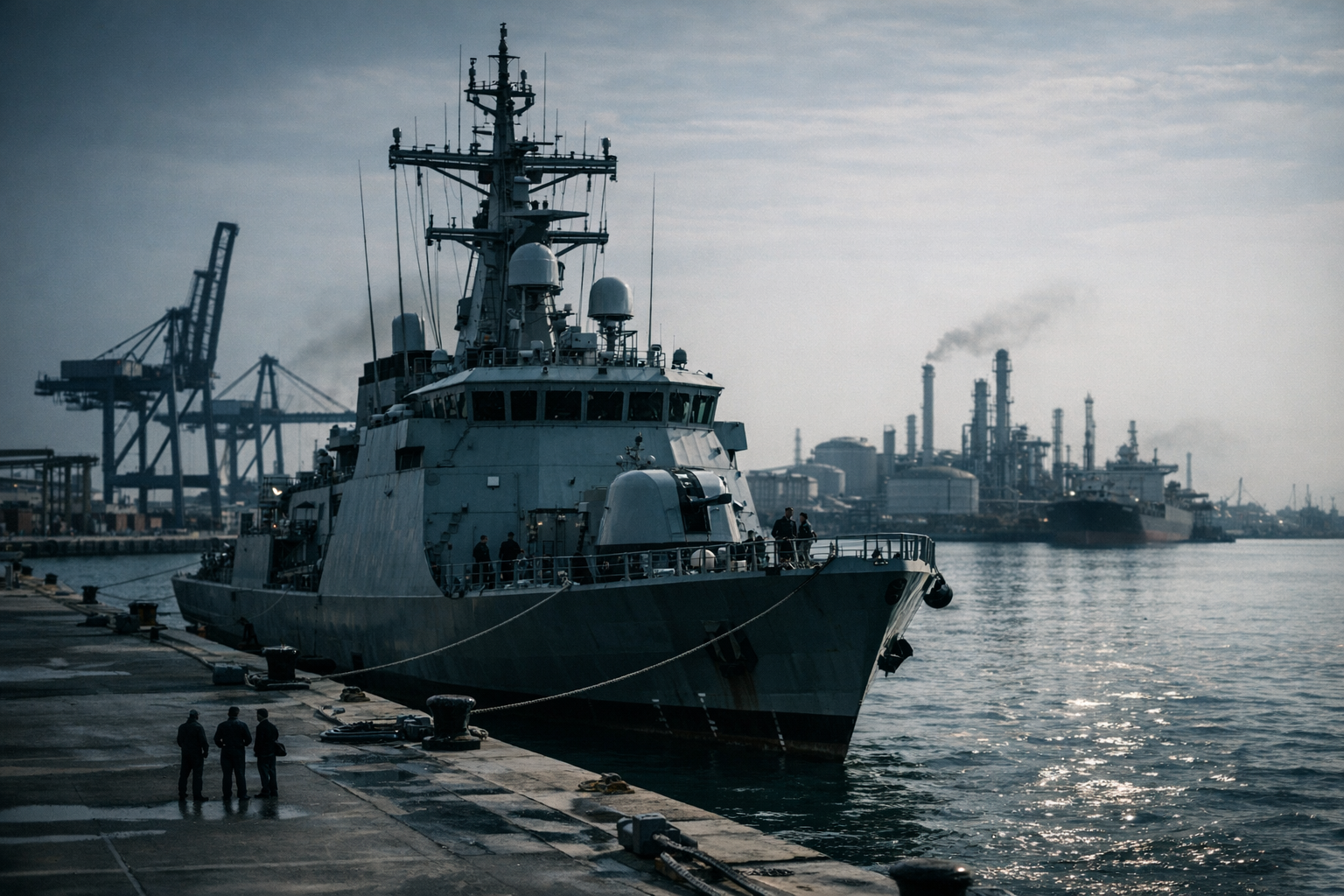 a naval patrol vessel docked at a Gulf port facility with industrial cranes and oil infrastructure visible in the background, wide environmental shot