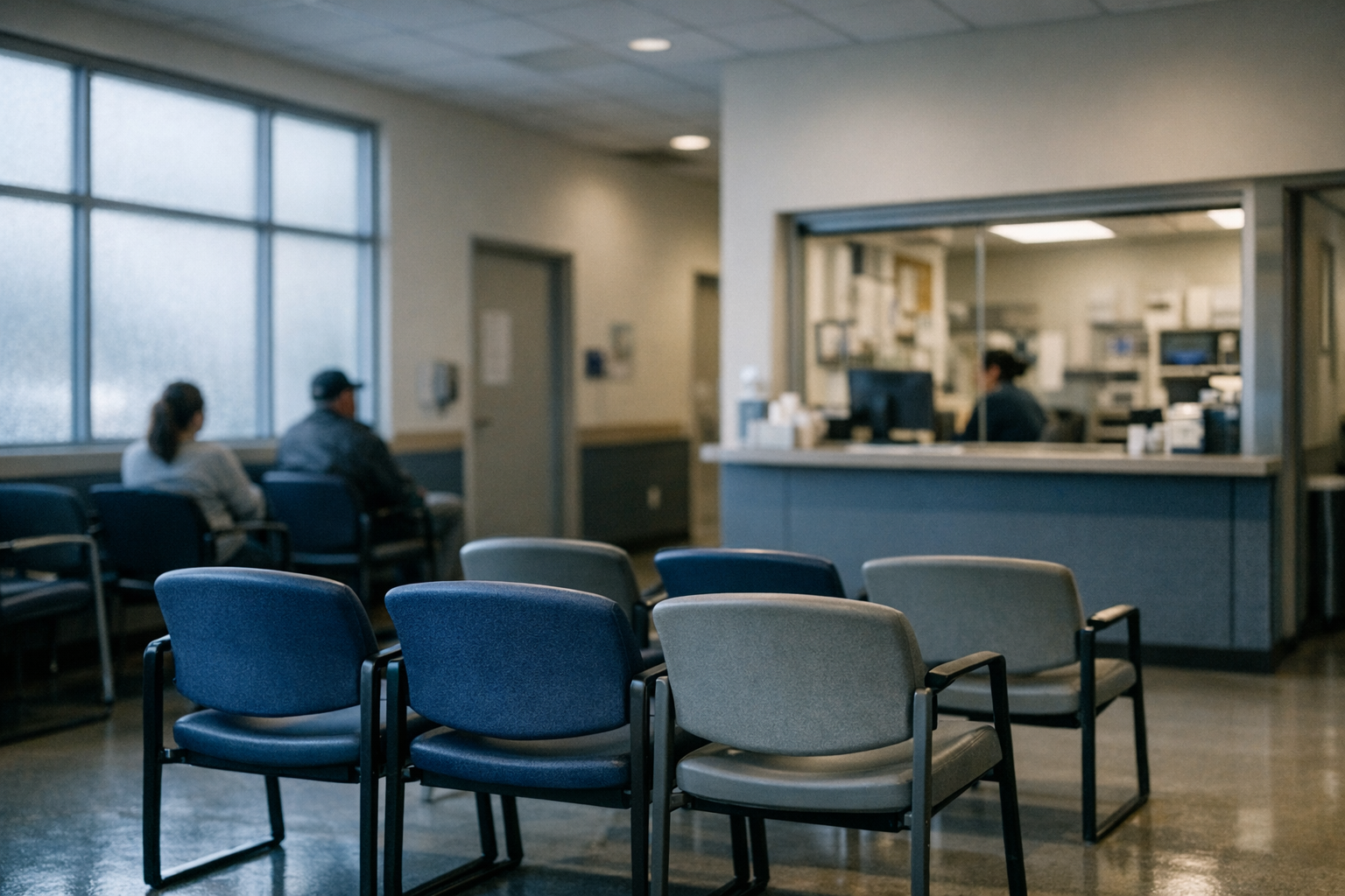 a sparse community health clinic waiting room with empty chairs and a reception window, natural light through frosted windows