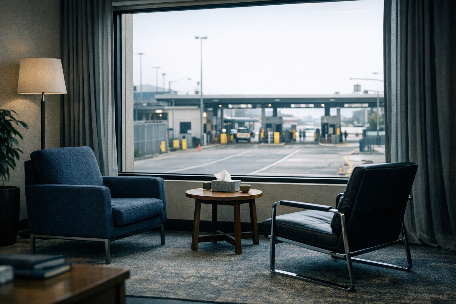 an empty therapy office with two chairs facing each other near a window overlooking a quiet urban street
