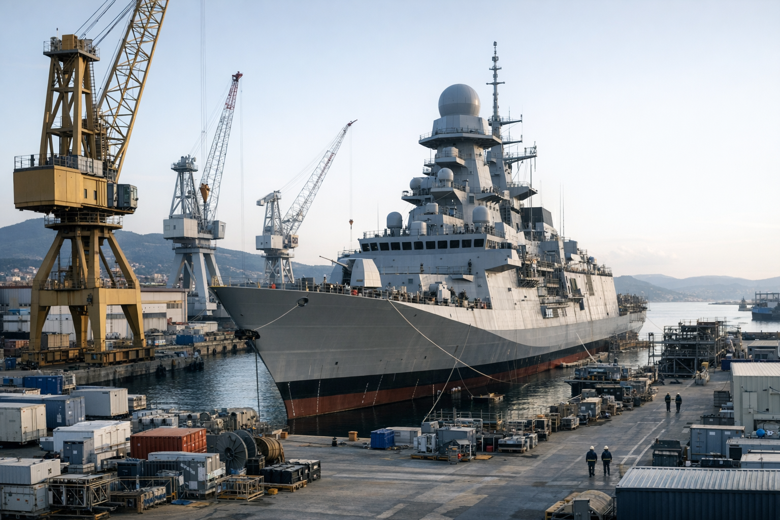 a large modern naval frigate in an advanced fitting-out berth at an Italian shipyard, surrounded by cranes and dock equipment
