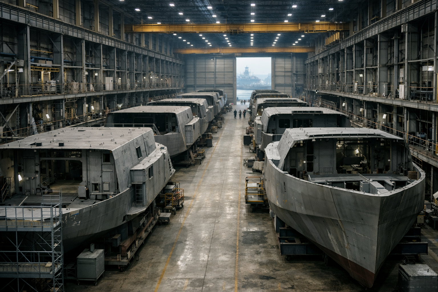 rows of modular hull sections inside a large covered naval construction hall, with overhead lighting and steel scaffolding visible