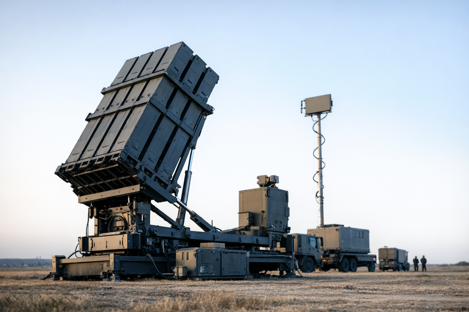 a ground-based Iron Dome interceptor battery deployed in an open field, launcher arms elevated against a clear sky, support vehicles visible in the background