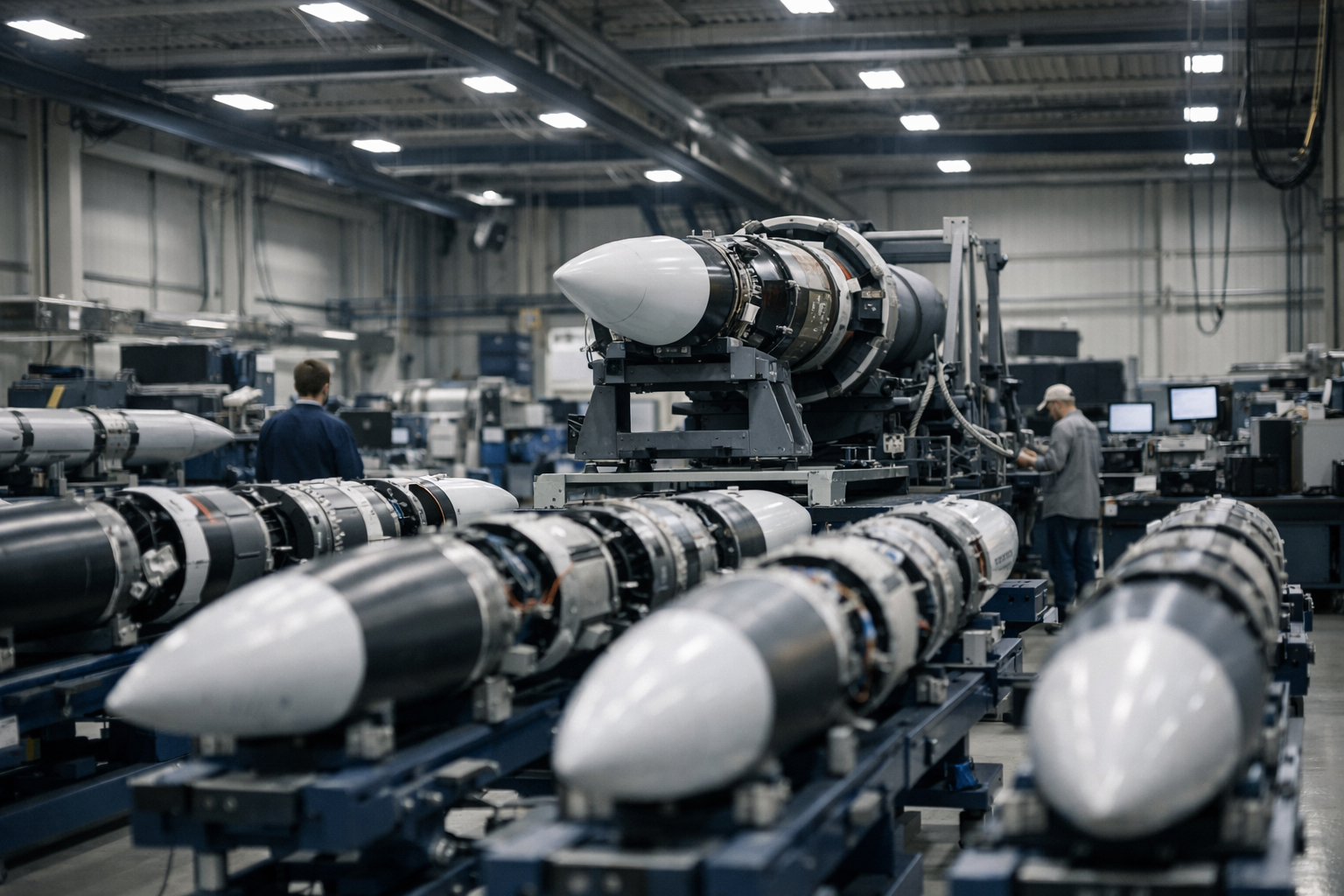 interior of a modern defense manufacturing facility with rows of missile interceptor components on assembly lines, industrial lighting overhead