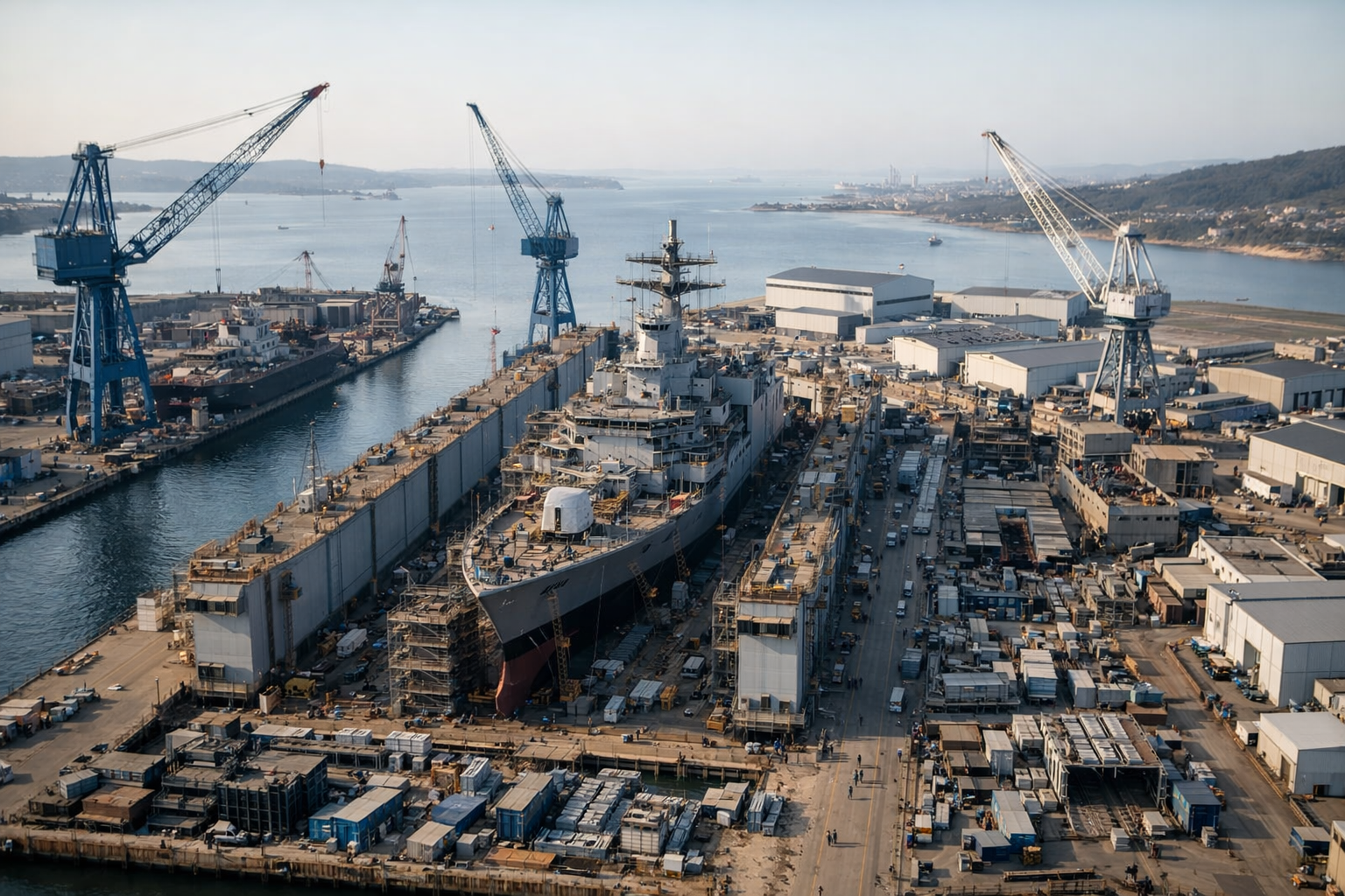 aerial view of a large coastal shipyard under construction with dry docks and crane structures along a waterway