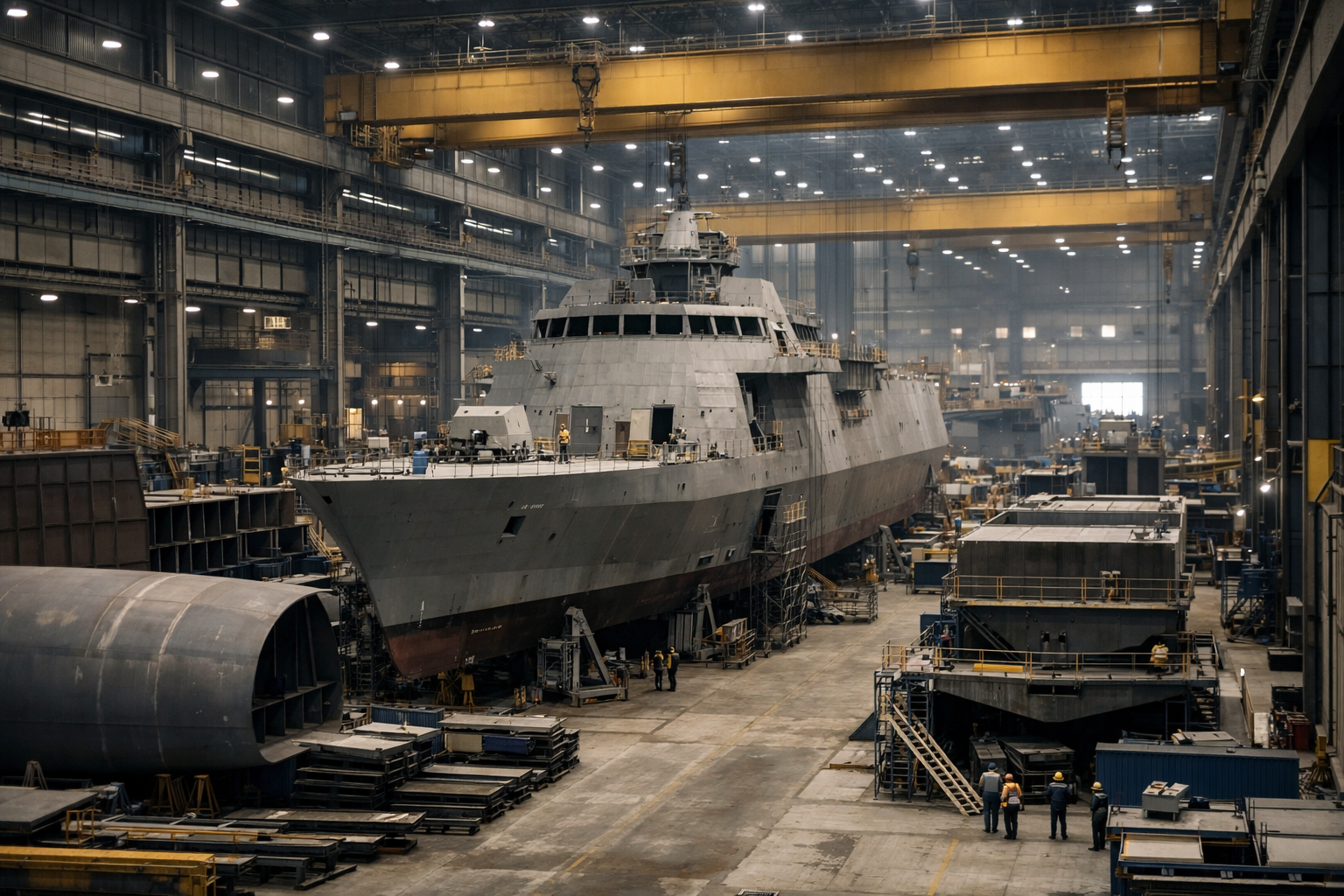 inside a large shipyard fabrication hall with steel hull sections in various stages of assembly under overhead cranes