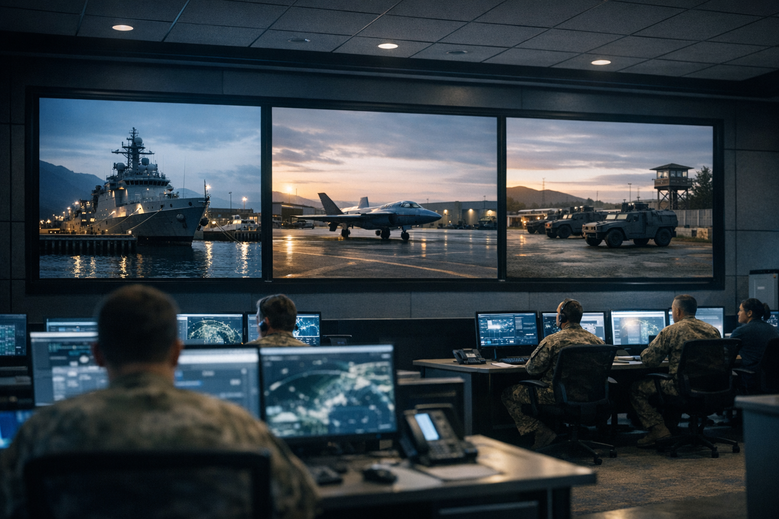 a modern Space Force operations center interior with workstations, large digital display screens, and low ambient lighting
