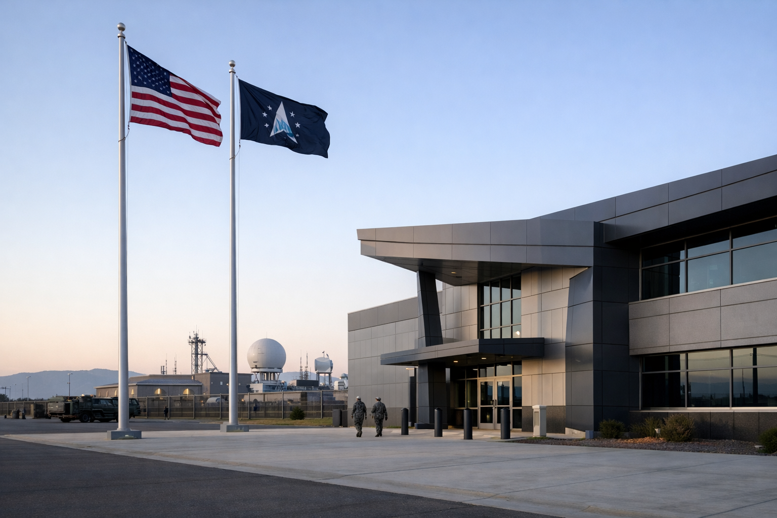 a Space Force administrative building exterior at a U.S. military installation, with a service flag and clear skies in the background