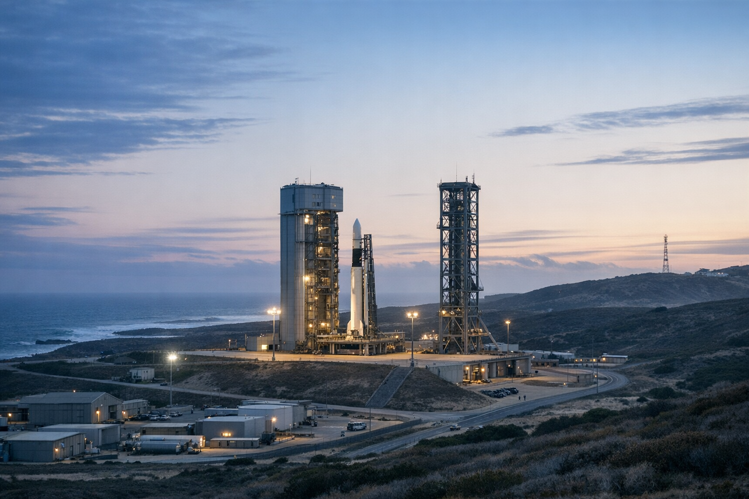 exterior view of Vandenberg Space Force Base launch infrastructure at dusk, including launch pad gantry structures and surrounding coastal terrain