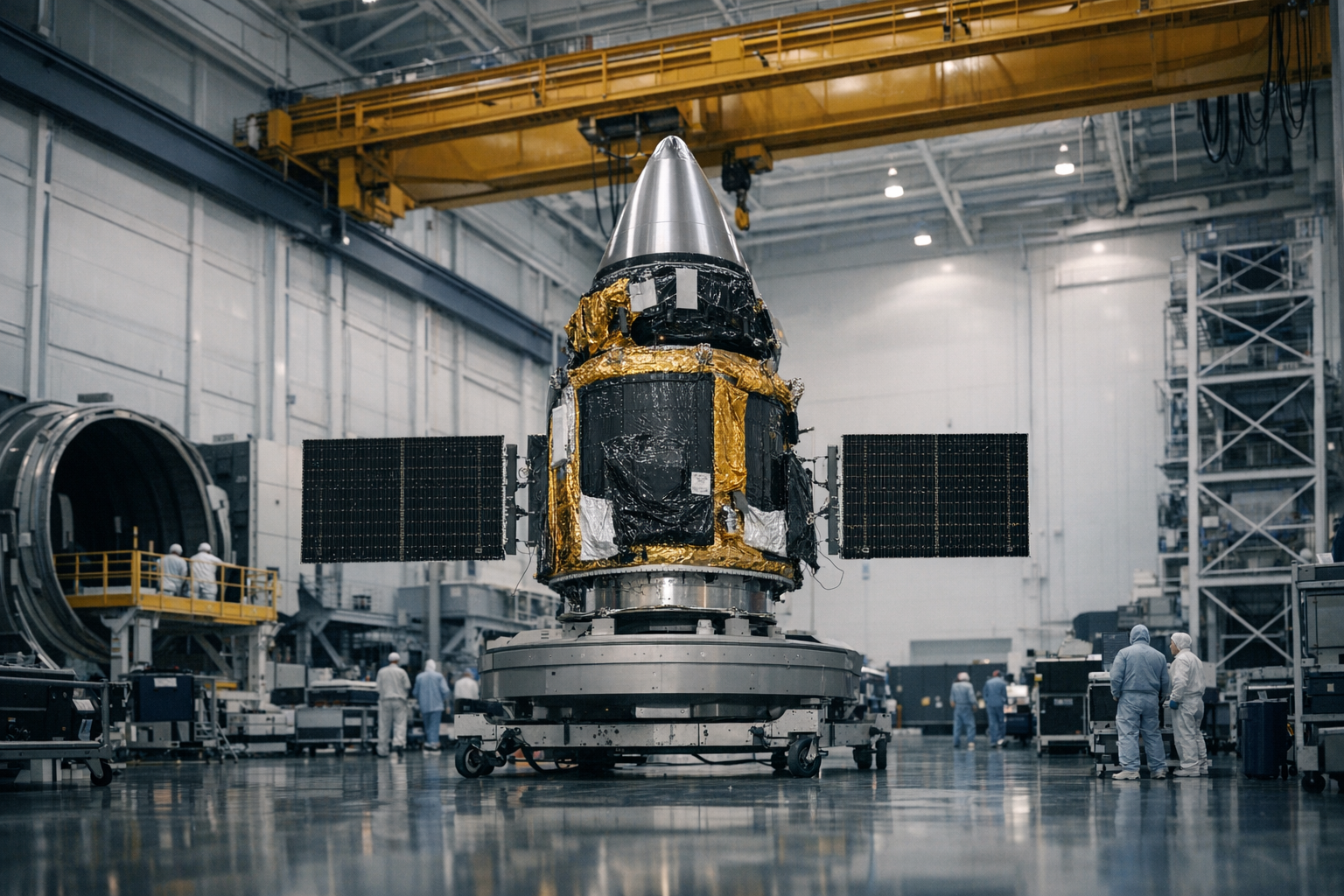 a satellite integration facility interior at a U.S. space launch base, with large clean-room equipment and overhead crane systems visible
