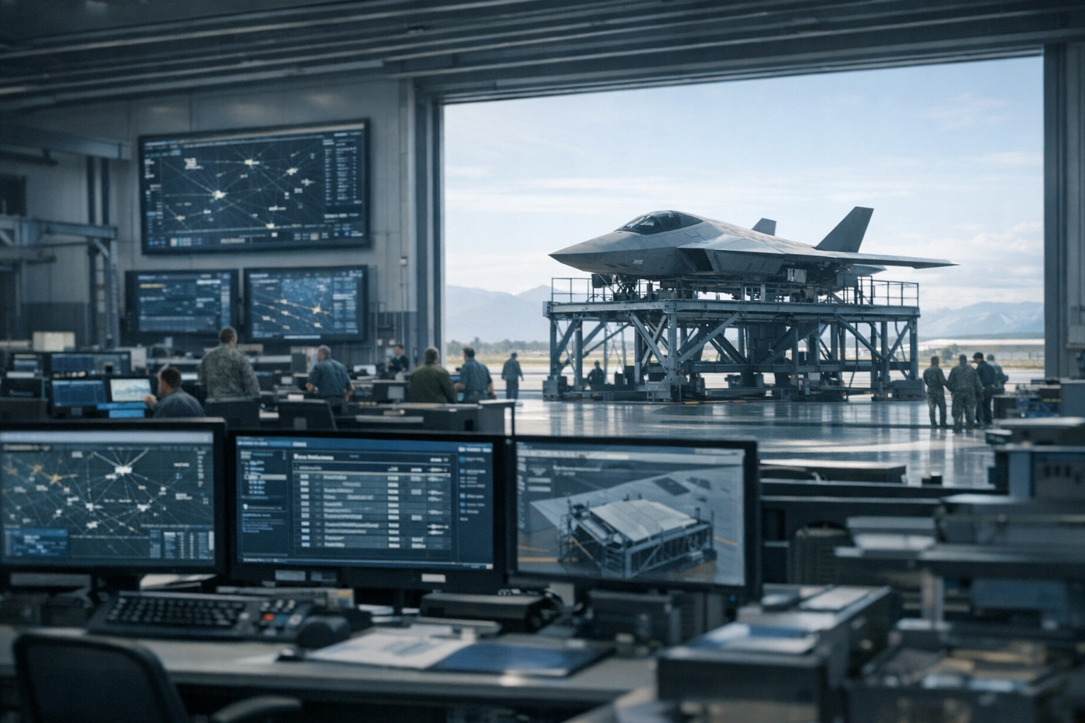a large military logistics operations center with multiple workstation screens displaying flight movement data and cargo manifests, personnel visible in the background