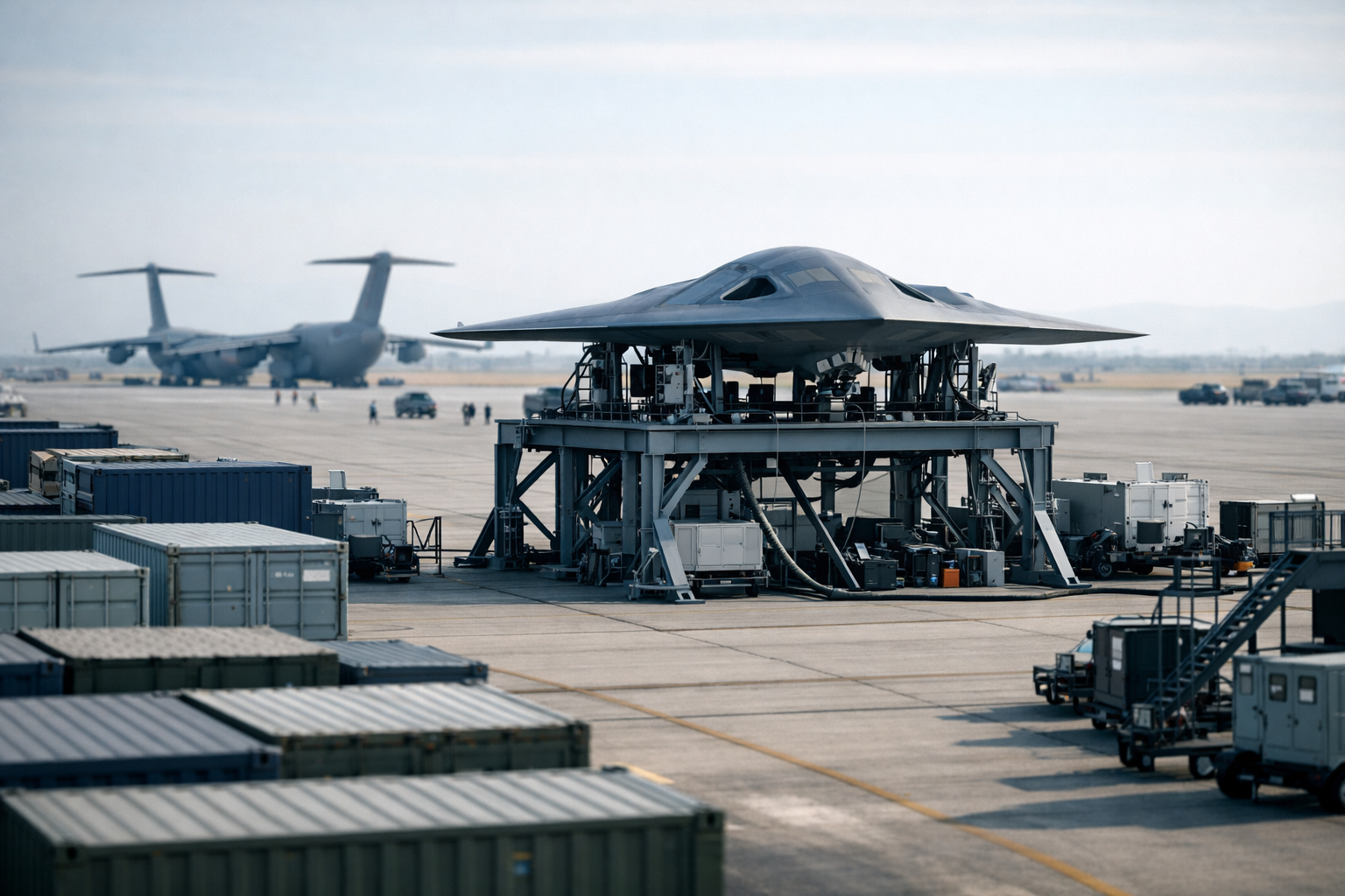 rows of cargo containers and military transport aircraft on a wide airfield tarmac, ground support equipment positioned nearby