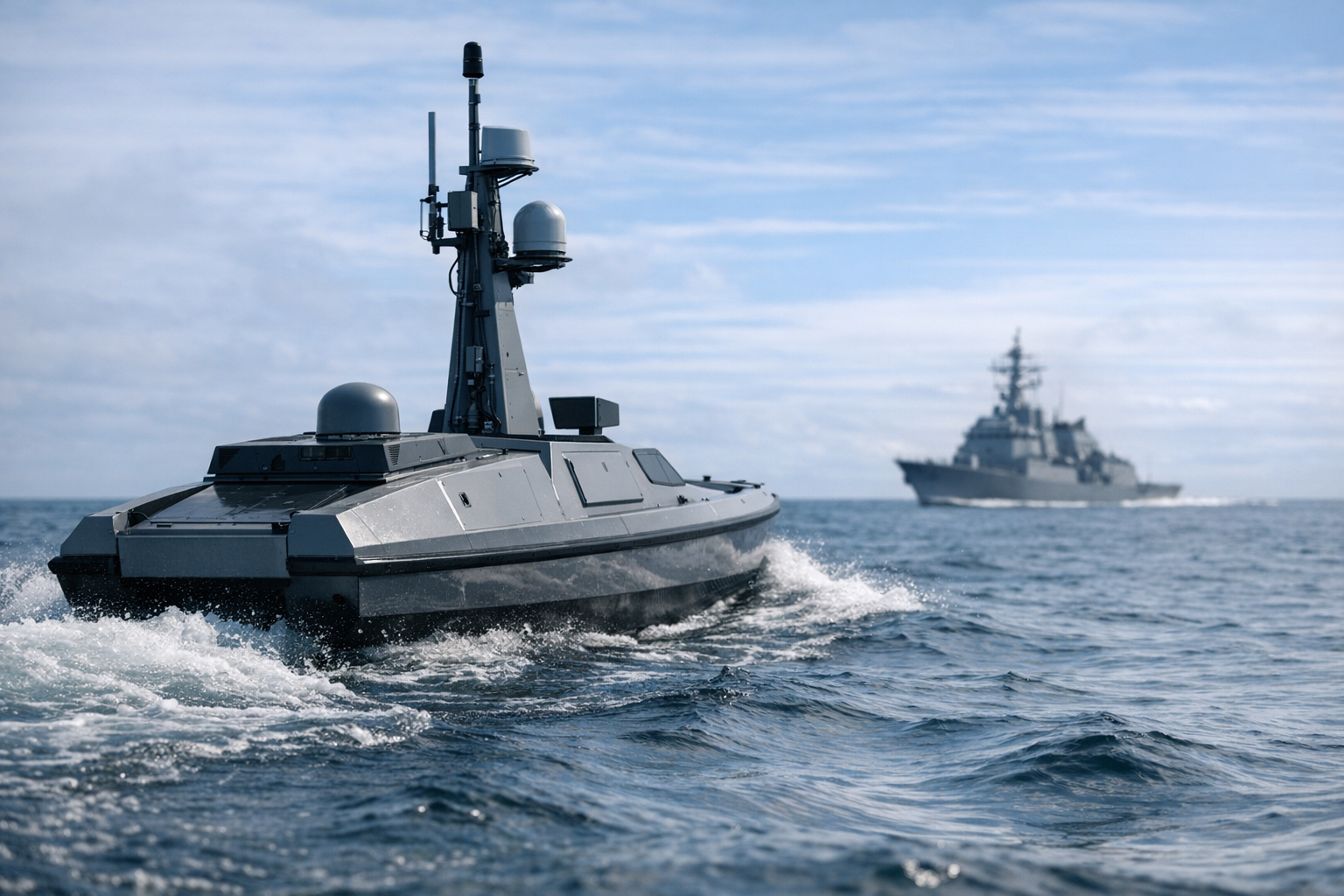 an uncrewed surface vessel underway on open water, viewed from a low angle with a naval vessel visible in the background