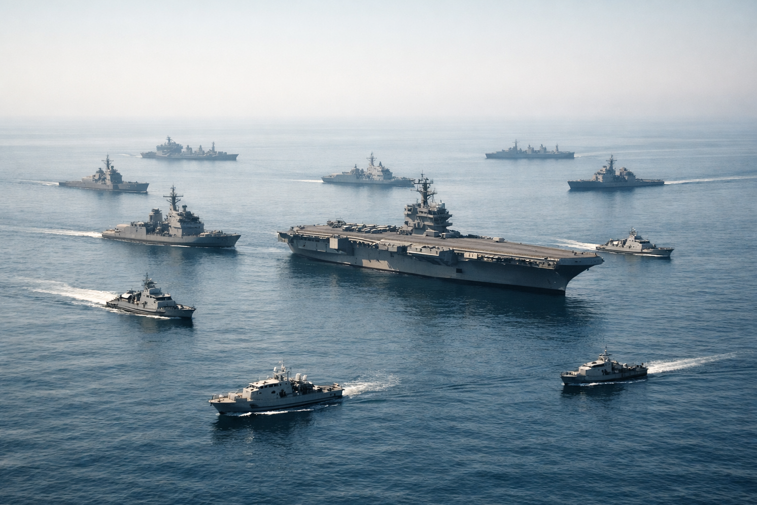 a U.S. Navy surface fleet formation viewed from above in calm Gulf waters, with patrol craft visible among larger vessels