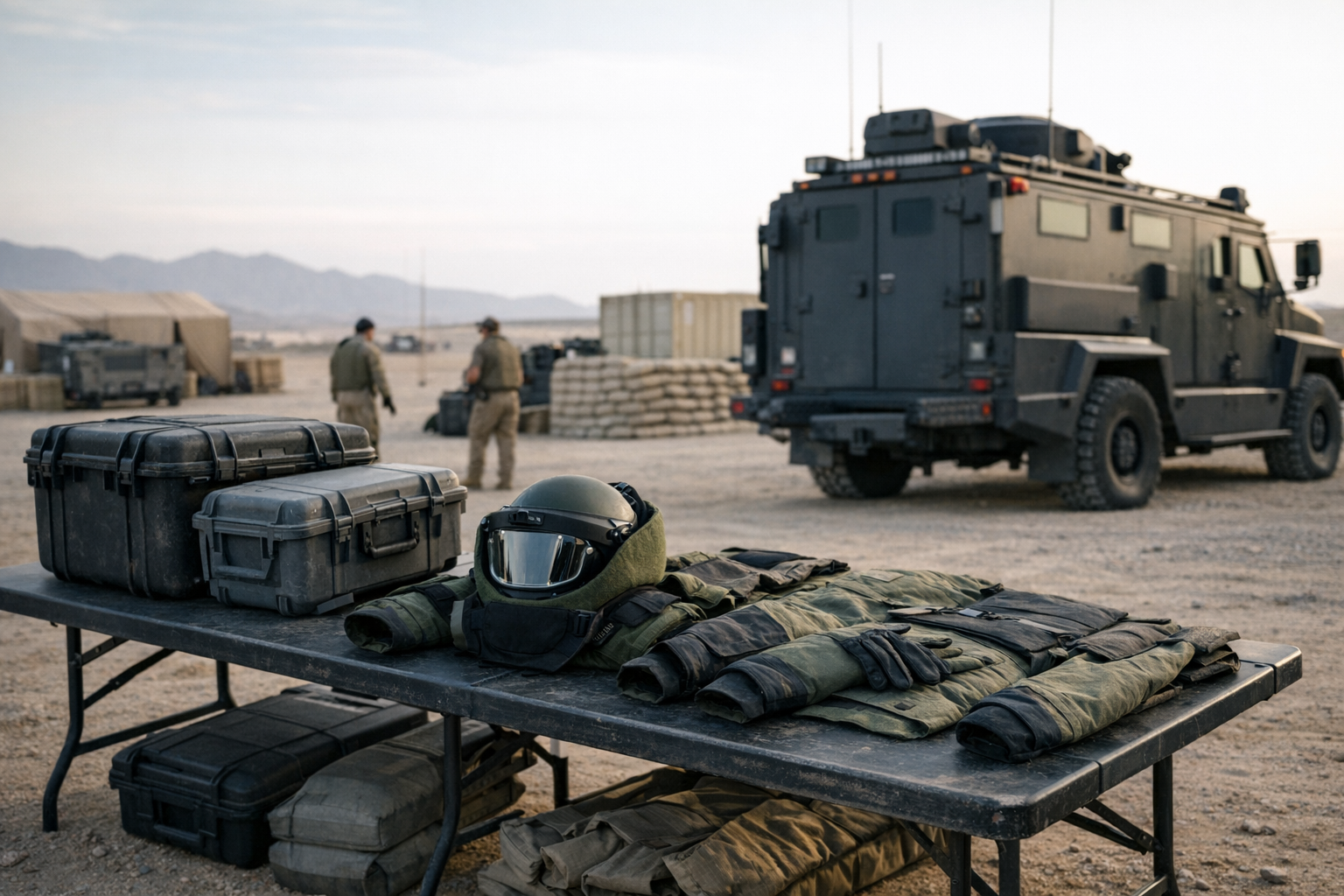a military explosive ordnance disposal staging area in a desert environment, with blast-resistant equipment cases and protective suits laid out on a table near a vehicle