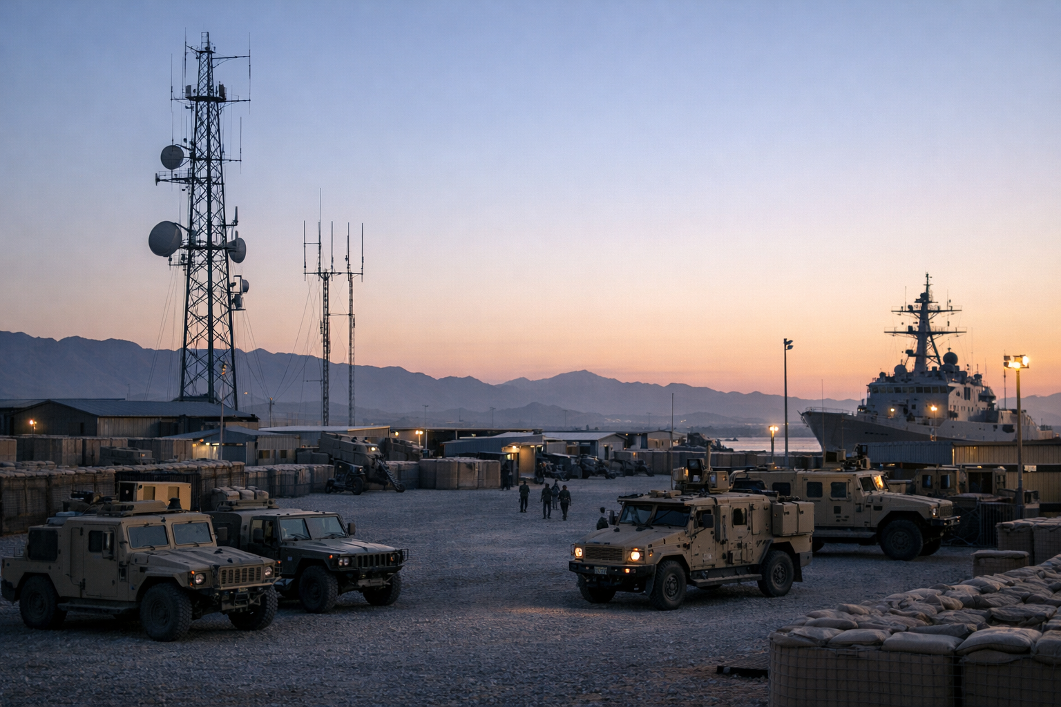 a forward operating base in an arid landscape, with military vehicles parked in a gravel compound and communication antennas visible against an open sky