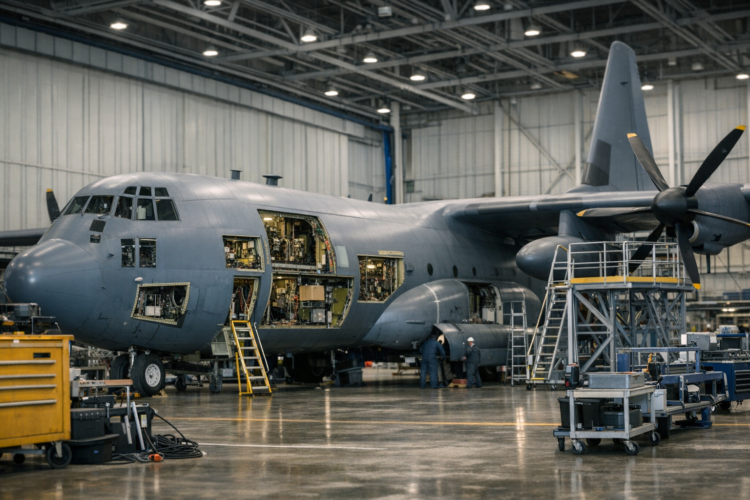 a large military transport aircraft inside a wide aircraft maintenance hangar, access panels open along the fuselage, with maintenance equipment and scaffolding visible around the airframe