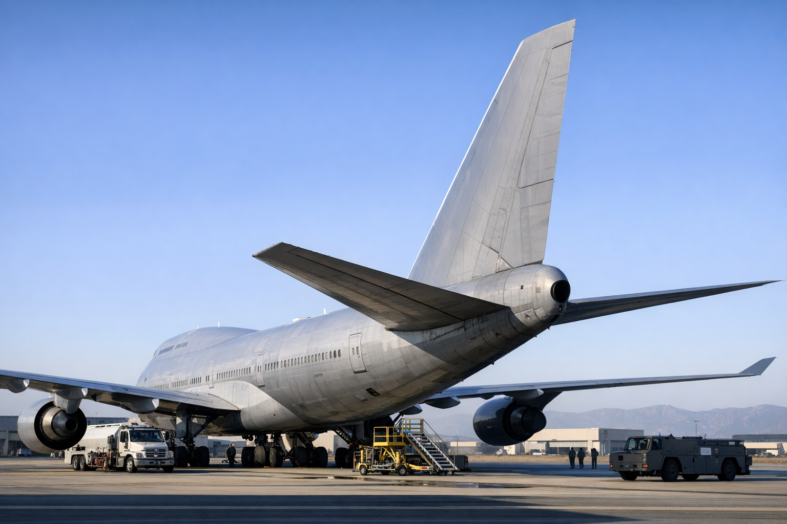 the tail section and rear fuselage of a Boeing 747 parked on a tarmac at a military airfield, ground support vehicles and fuel trucks positioned nearby under clear skies