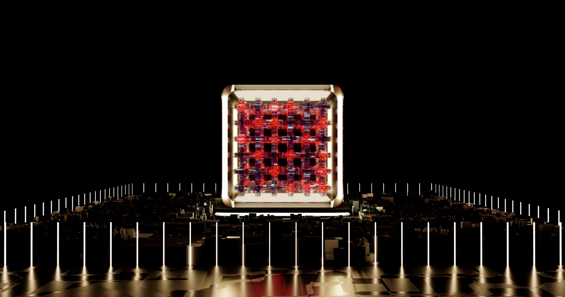 rows of IBM quantum computing hardware units inside a modern research facility, cryogenic cooling equipment visible in the background