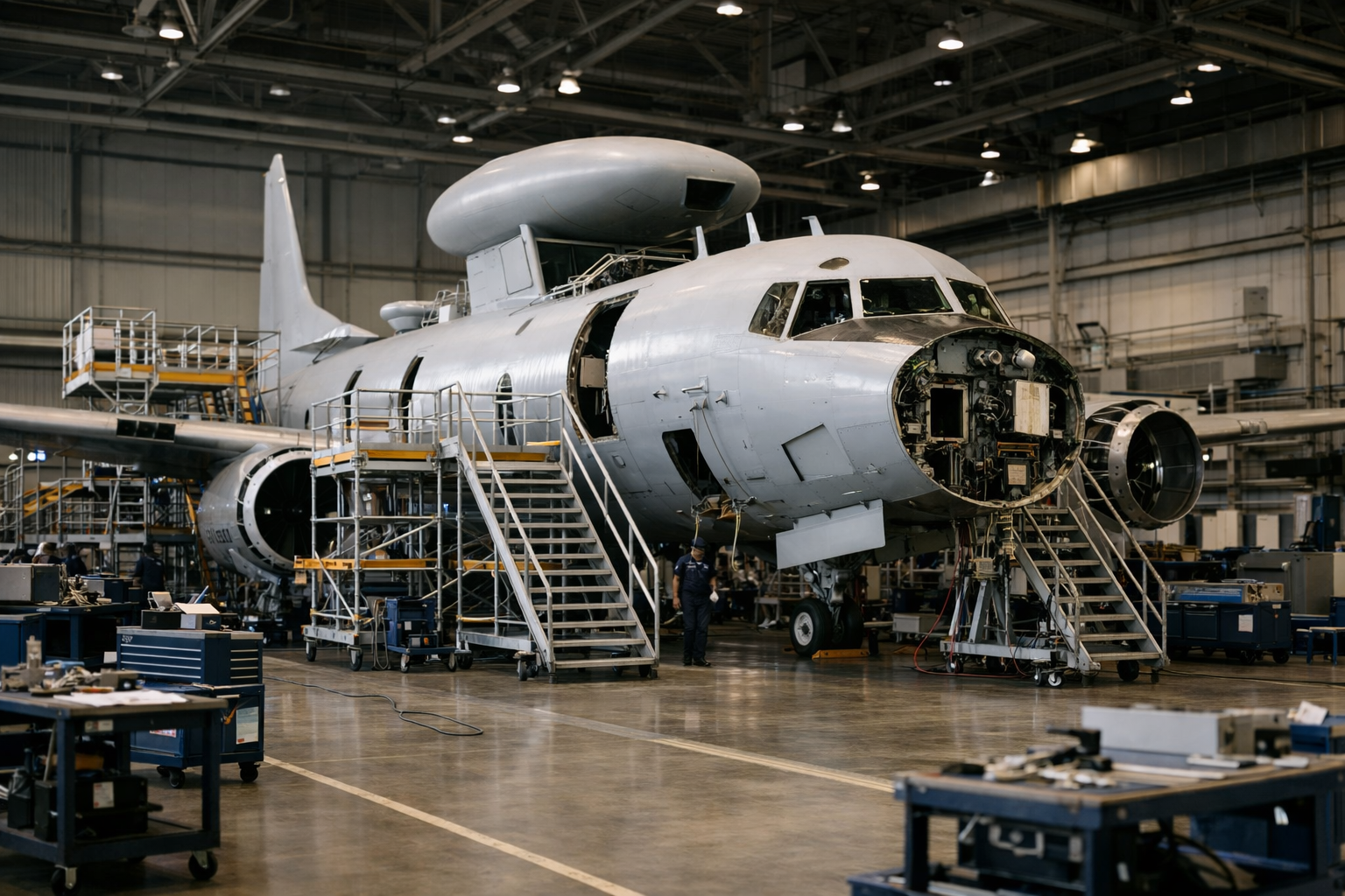 Interior of an aircraft production and sustainment hangar with a large naval patrol aircraft in partial disassembly, maintenance equipment and scaffolding surrounding it