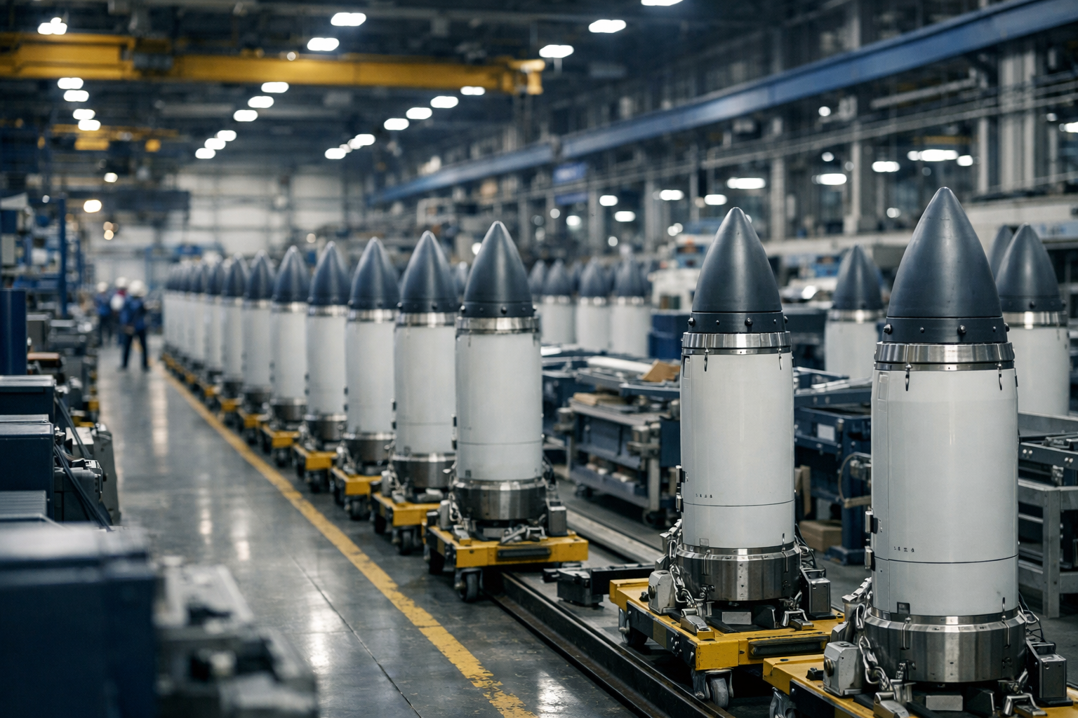 an industrial production facility interior showing rows of missile interceptor canisters on assembly lines under bright overhead lighting
