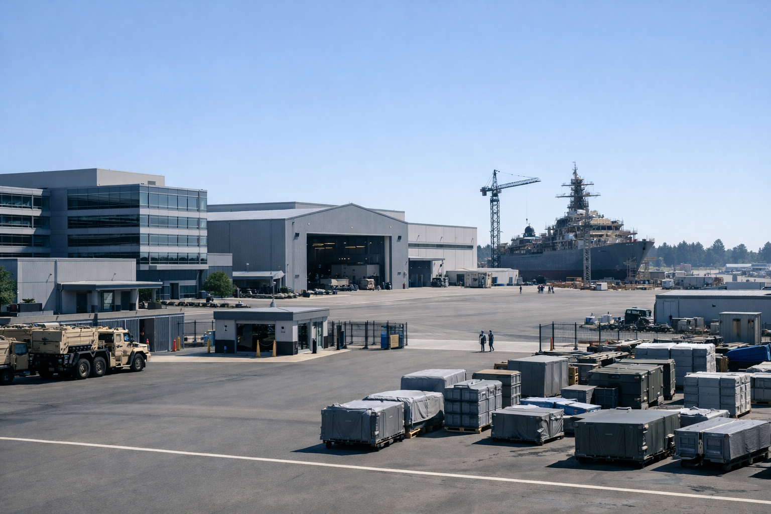 exterior view of a large defense contractor campus with administrative buildings, access gates, and an open tarmac area under clear sky