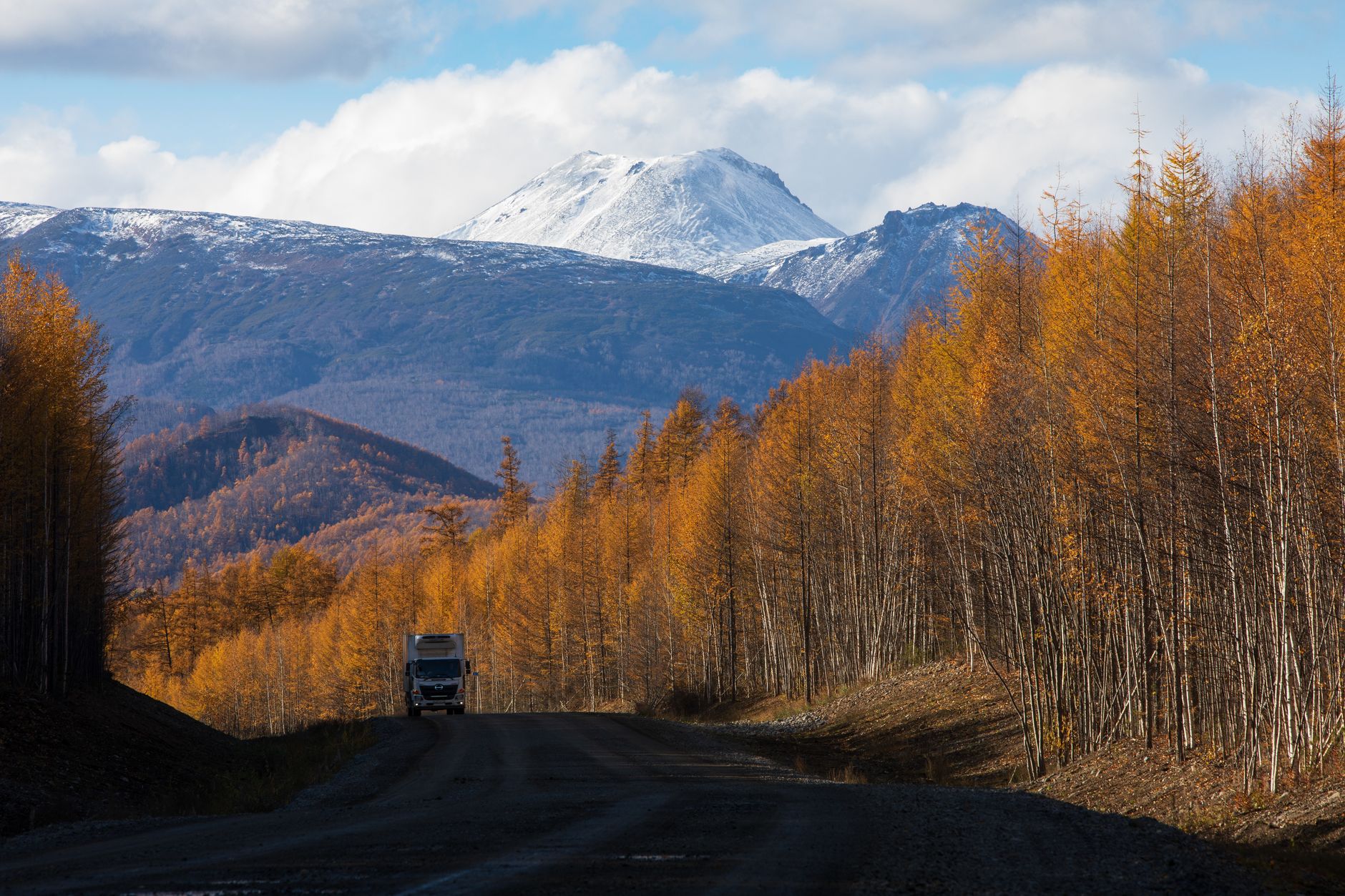 a mobile ballistic missile transporter-erector-launcher vehicle parked on a remote forest road, viewed from a distance, surrounded by tree cover