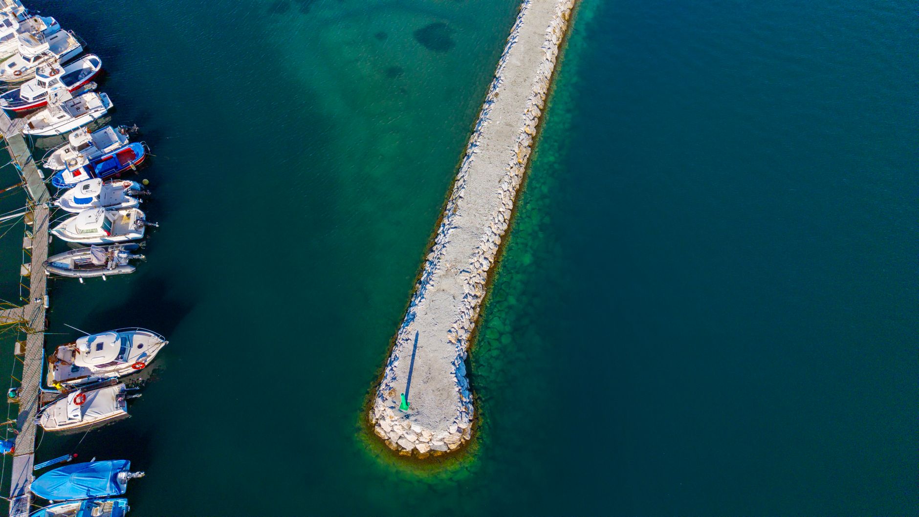 aerial view of Novorossiysk commercial and naval port facilities, showing pier structures and berthed vessels against the northeastern Black Sea coastline