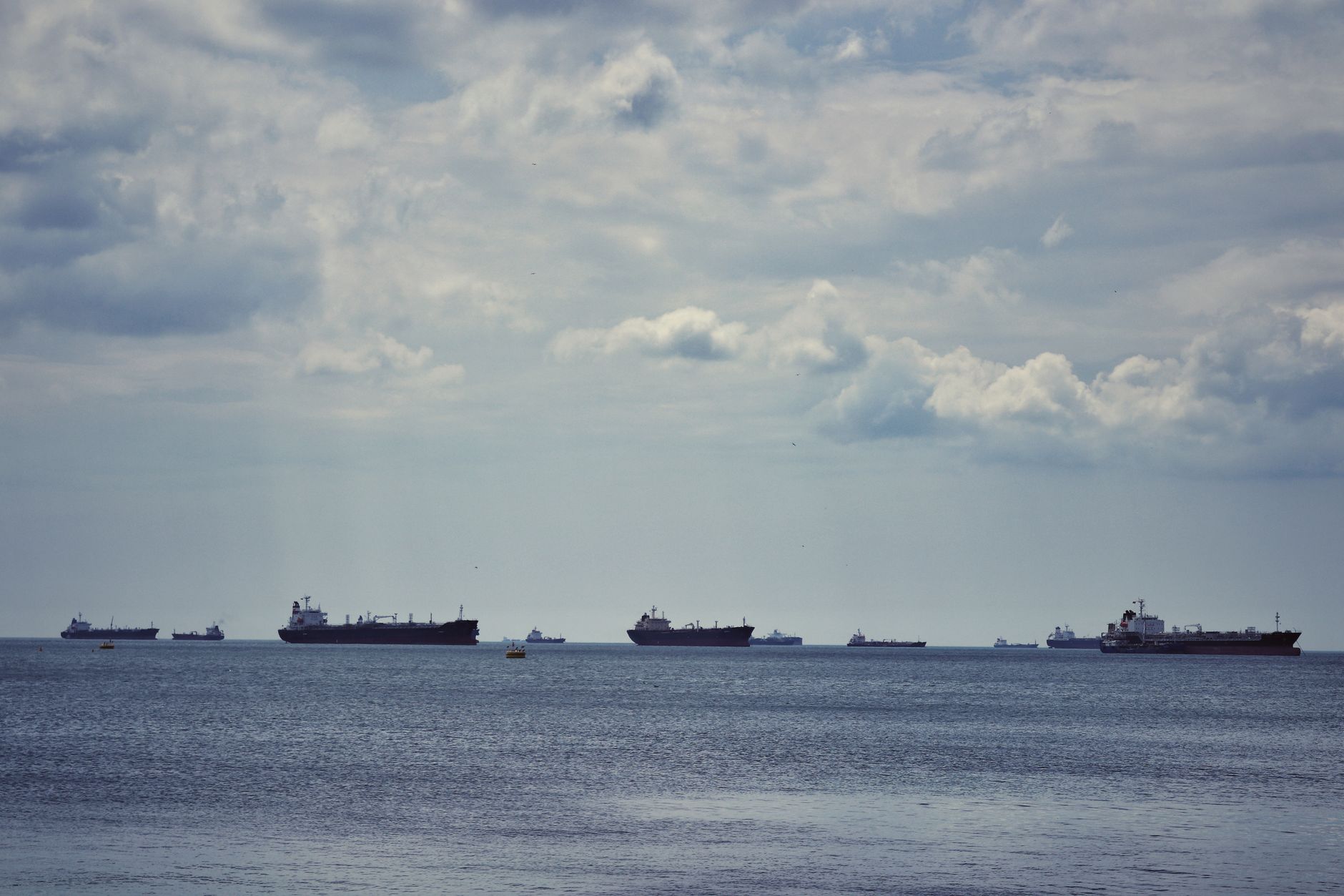 rows of oil tankers anchored in a wide harbor viewed from above, no markings visible, neutral water and sky