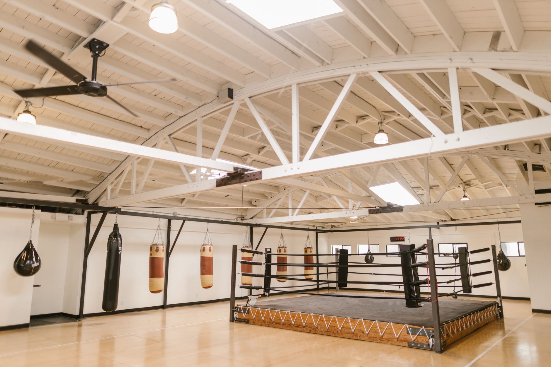 a training facility interior with heavy bags hanging in rows, gym equipment visible, no people as the focal point