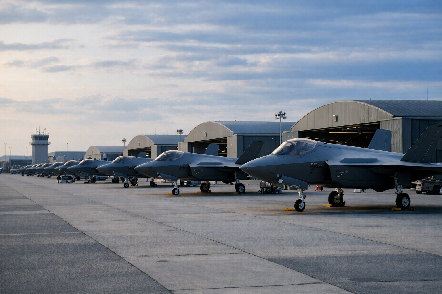 a row of F-35 fighter jets parked on a flight line at a military air base, viewed from a wide angle showing the ramp and hangar structures in the background