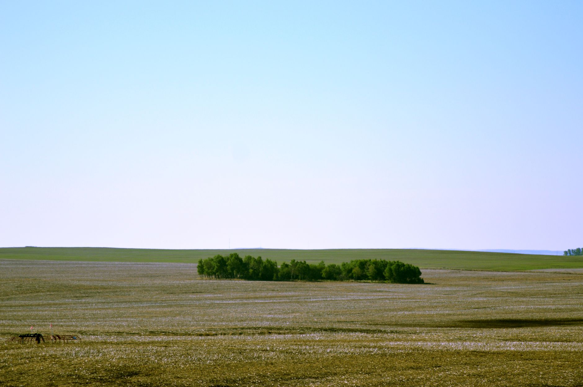 A wide-angle view of a ground-based missile defense battery in an open field, with vertical launch canisters and radar arrays visible against a clear sky, no personnel in foreground