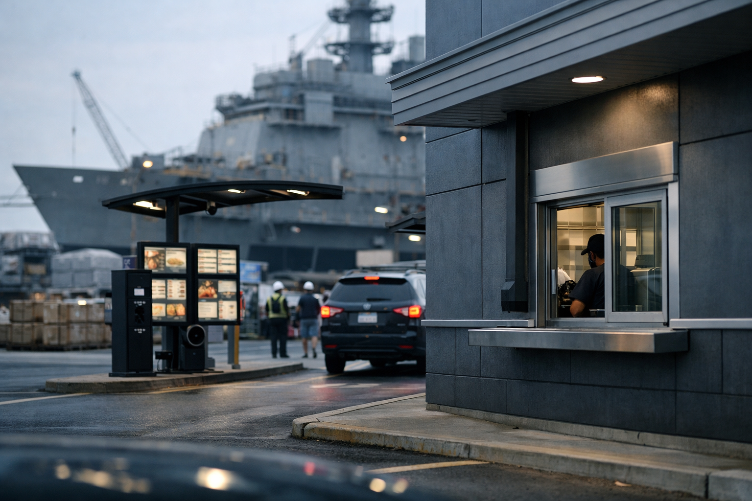 drive-through lane of a fast-food restaurant exterior with order boards and a service window, photographed from a parking lot angle