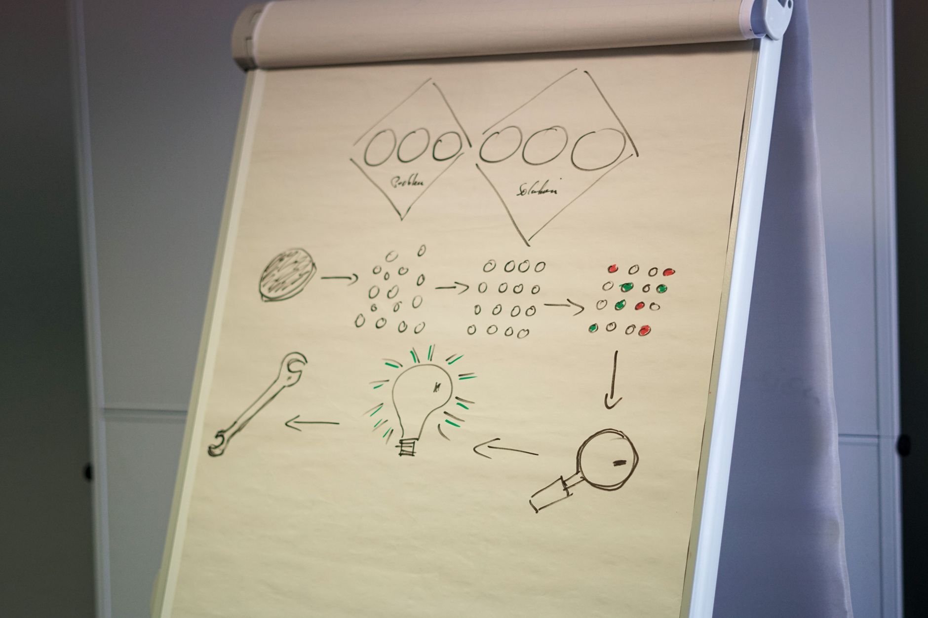 an indoor military classroom with a projection screen showing a tactical map overlay, training equipment on tables, and a whiteboard with diagrammed unit formations